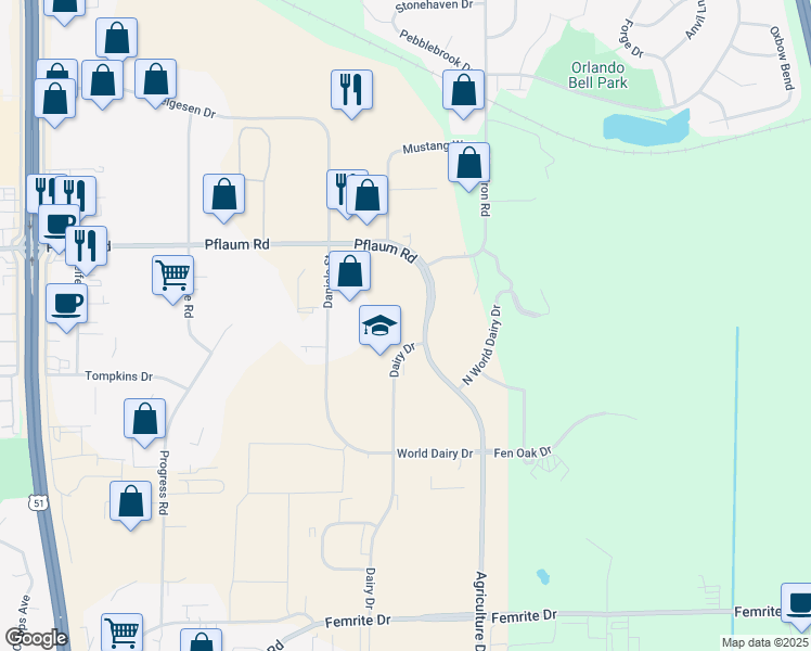 map of restaurants, bars, coffee shops, grocery stores, and more near 2602 Agriculture Drive in Madison