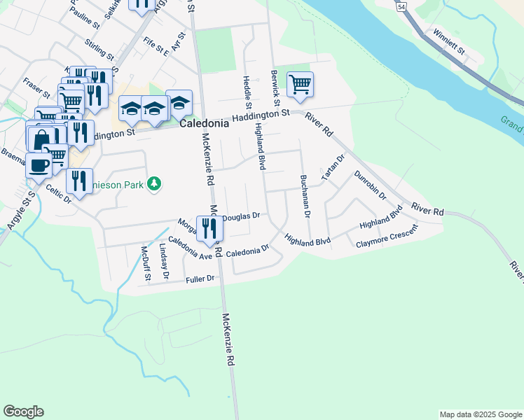 map of restaurants, bars, coffee shops, grocery stores, and more near 23 Douglas Drive in Caledonia