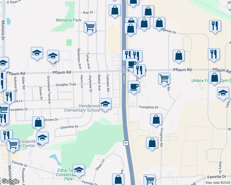 map of restaurants, bars, coffee shops, grocery stores, and more near 2562 South Stoughton Road in Madison