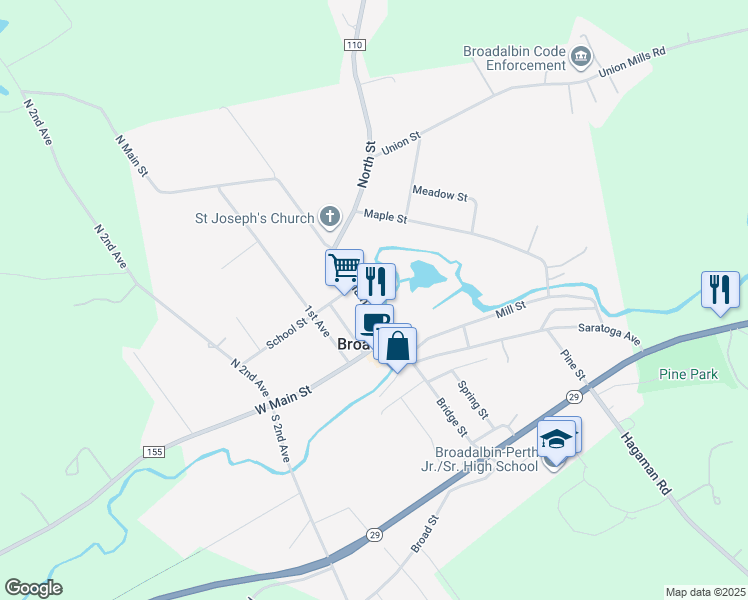 map of restaurants, bars, coffee shops, grocery stores, and more near 34 North Main Street in Broadalbin