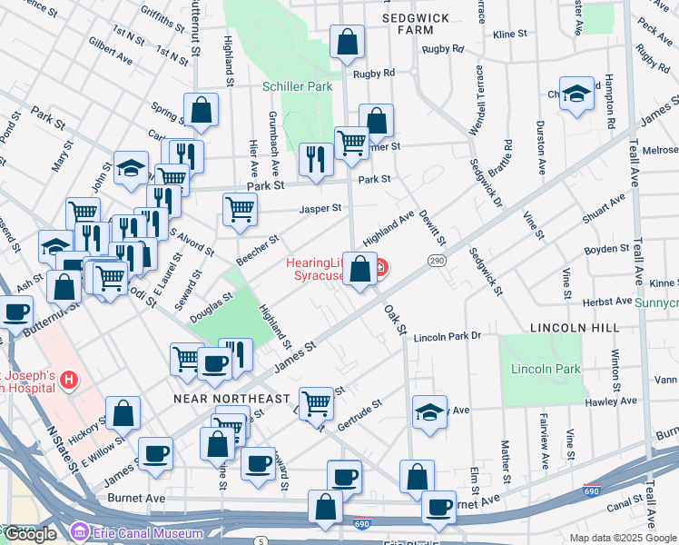map of restaurants, bars, coffee shops, grocery stores, and more near 214 Highland Avenue in Syracuse