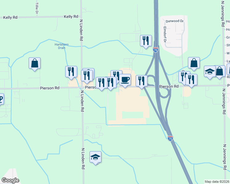map of restaurants, bars, coffee shops, grocery stores, and more near 4405 West Pierson Road in Flint