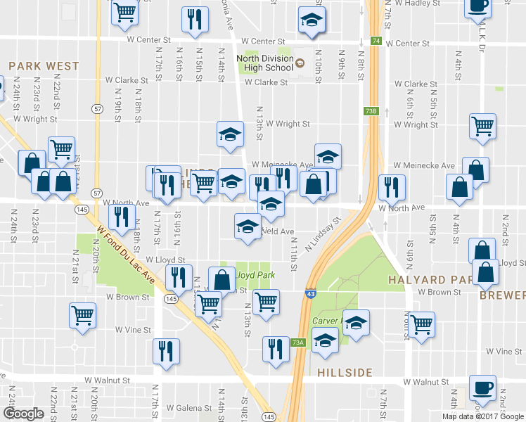 map of restaurants, bars, coffee shops, grocery stores, and more near 1205 W North Ave in Milwaukee