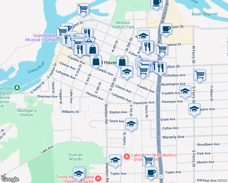map of restaurants, bars, coffee shops, grocery stores, and more near 209 South 5th Street in Grand Haven
