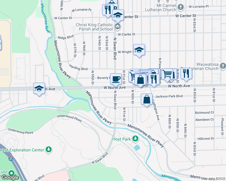 map of restaurants, bars, coffee shops, grocery stores, and more near in Wauwatosa