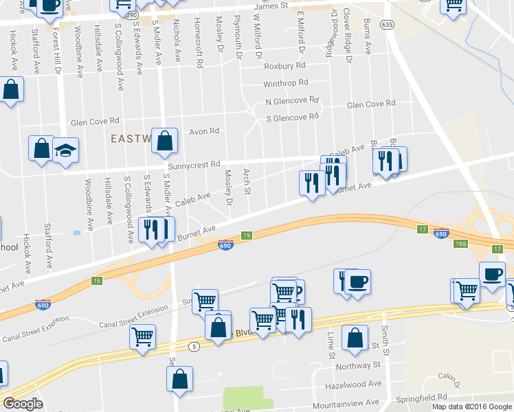map of restaurants, bars, coffee shops, grocery stores, and more near 218 Arch Street in Syracuse