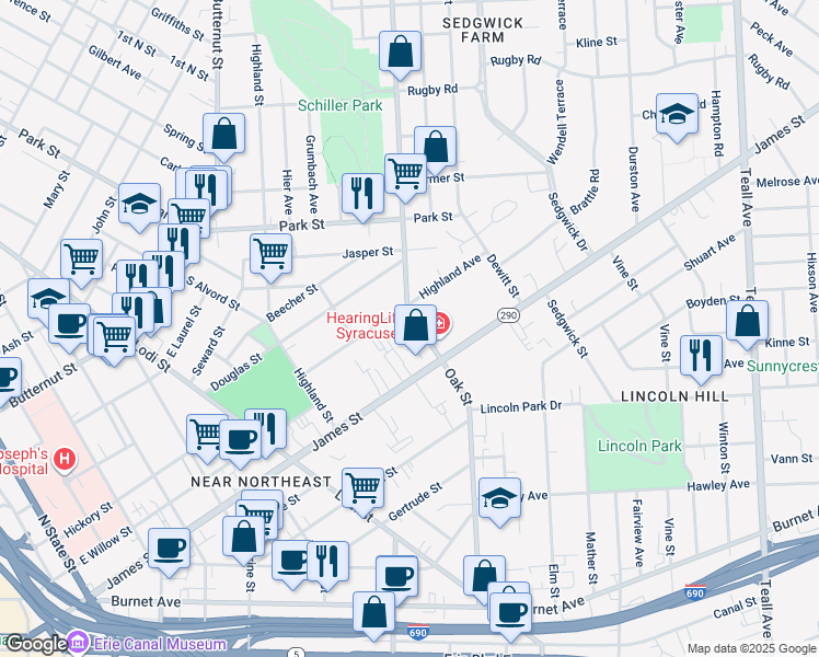 map of restaurants, bars, coffee shops, grocery stores, and more near 528 Oak Street in Syracuse