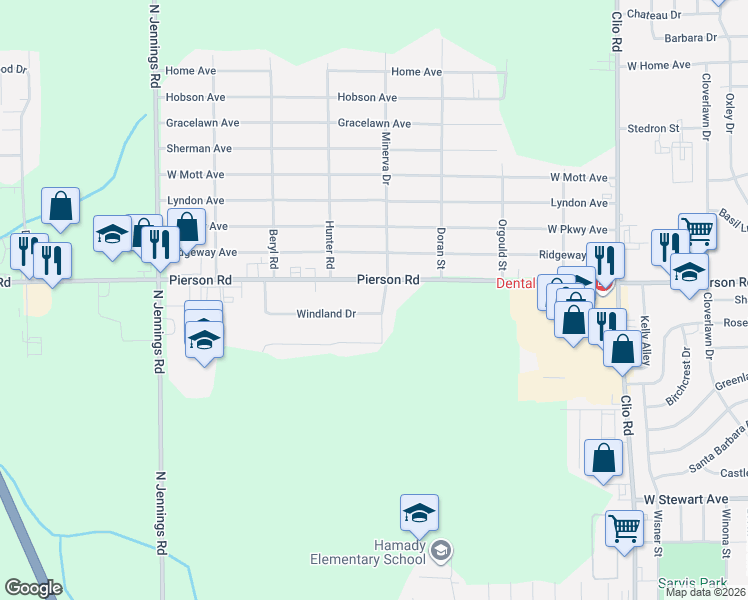 map of restaurants, bars, coffee shops, grocery stores, and more near 3515 Minerva Drive in Flint