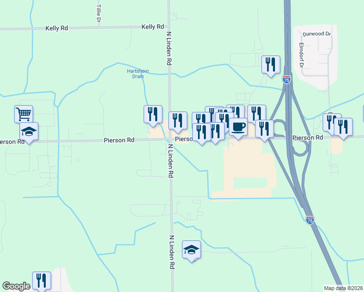 map of restaurants, bars, coffee shops, grocery stores, and more near 4497 West Pierson Road in Flint