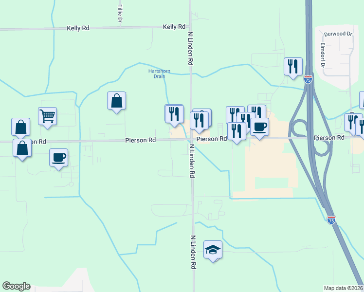 map of restaurants, bars, coffee shops, grocery stores, and more near in Mount Morris Township