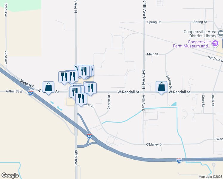 map of restaurants, bars, coffee shops, grocery stores, and more near in Coopersville