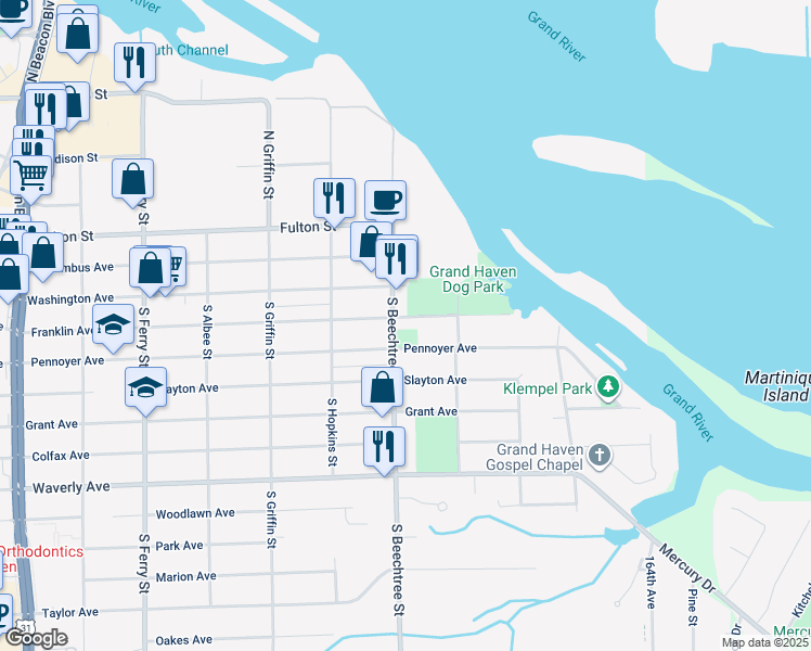 map of restaurants, bars, coffee shops, grocery stores, and more near 1528 Franklin Avenue in Grand Haven
