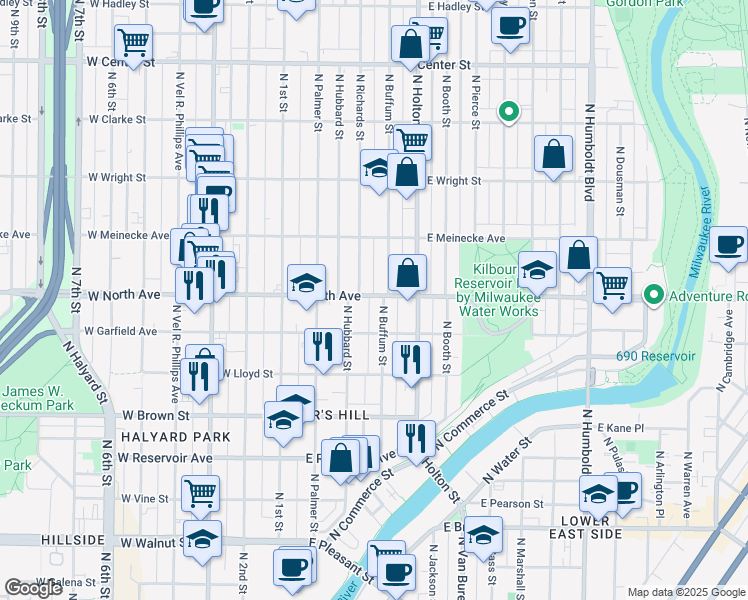 map of restaurants, bars, coffee shops, grocery stores, and more near 338 East North Avenue in Milwaukee