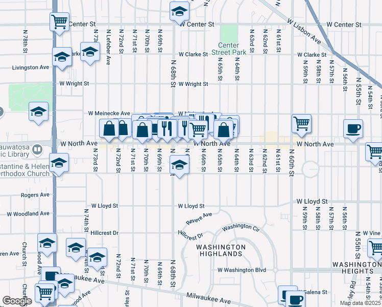 map of restaurants, bars, coffee shops, grocery stores, and more near in Wauwatosa