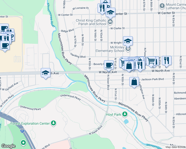 map of restaurants, bars, coffee shops, grocery stores, and more near 2316 North 95th Street in Wauwatosa