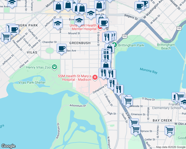 map of restaurants, bars, coffee shops, grocery stores, and more near 614 South Brooks Street in Madison