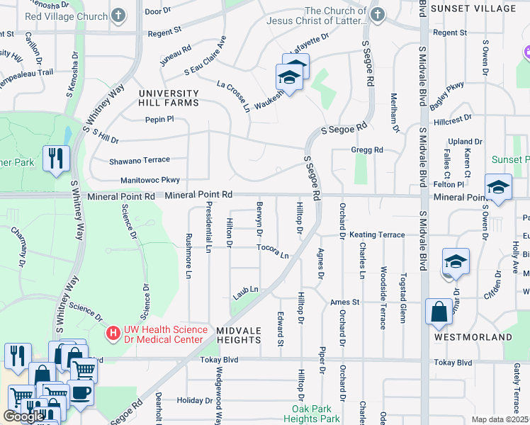 map of restaurants, bars, coffee shops, grocery stores, and more near 410 Berwyn Drive in Madison