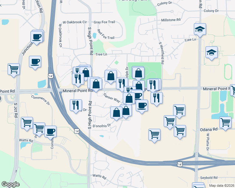 map of restaurants, bars, coffee shops, grocery stores, and more near 7601-7699 Mineral Point Rd in Madison