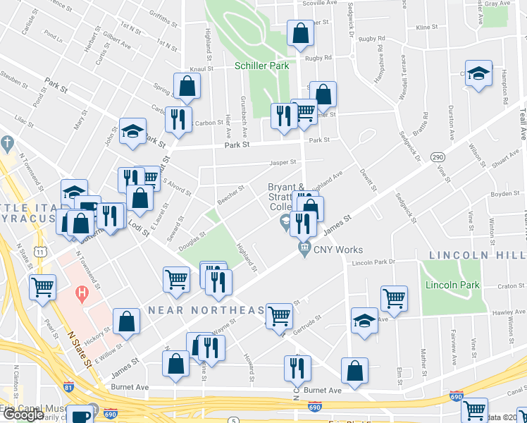 map of restaurants, bars, coffee shops, grocery stores, and more near 410 Graves Street in Syracuse