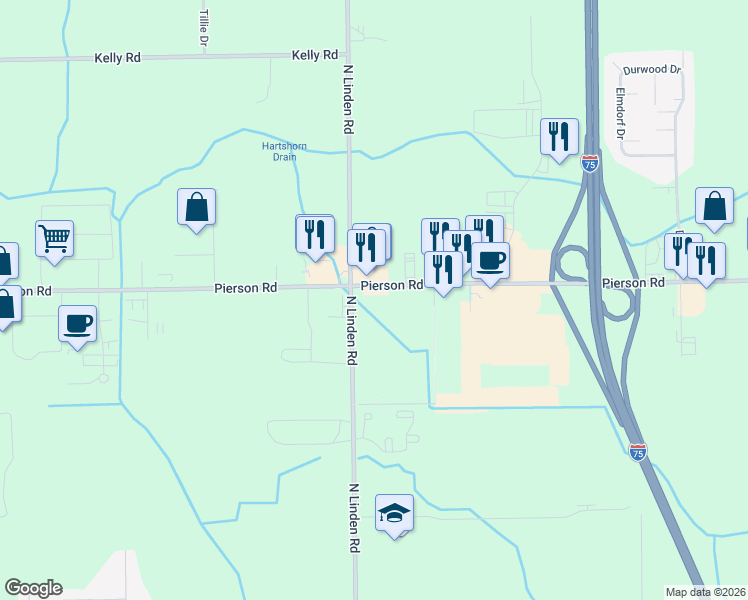 map of restaurants, bars, coffee shops, grocery stores, and more near 4497 West Pierson Road in Flint
