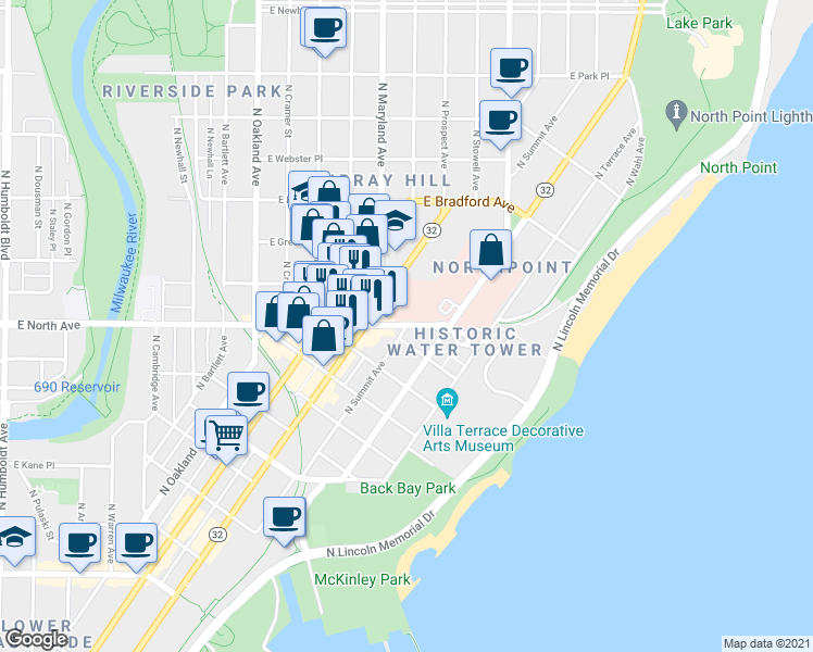 map of restaurants, bars, coffee shops, grocery stores, and more near E North Ave & N Summit Ave in Milwaukee