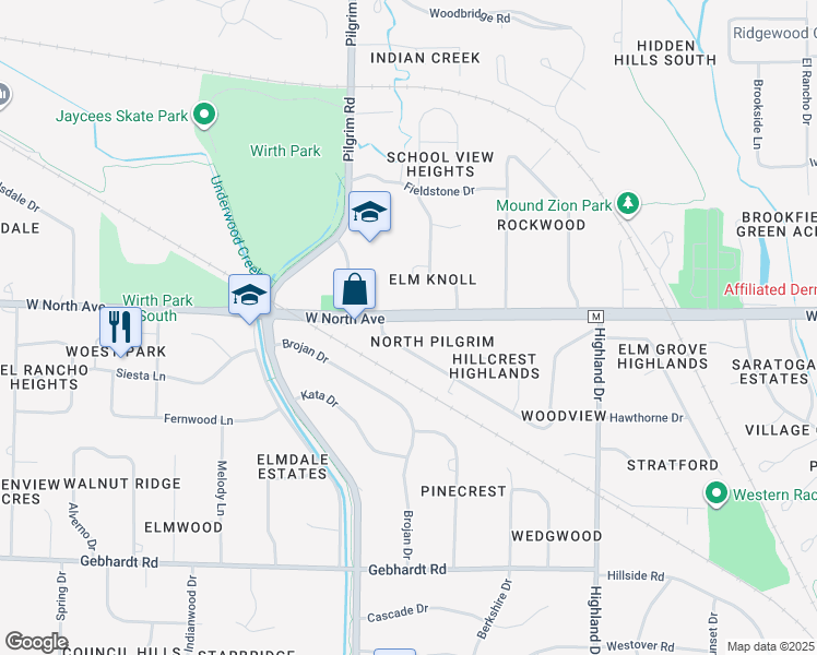map of restaurants, bars, coffee shops, grocery stores, and more near 15405 West North Avenue in Brookfield