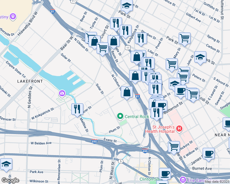 map of restaurants, bars, coffee shops, grocery stores, and more near 721 North Clinton Street in Syracuse