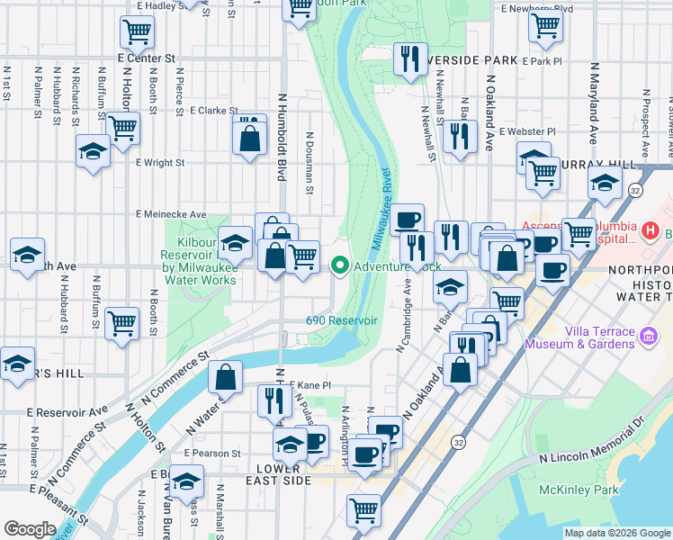 map of restaurants, bars, coffee shops, grocery stores, and more near East North Avenue in Milwaukee