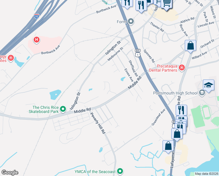 map of restaurants, bars, coffee shops, grocery stores, and more near 777 Middle Road in Portsmouth
