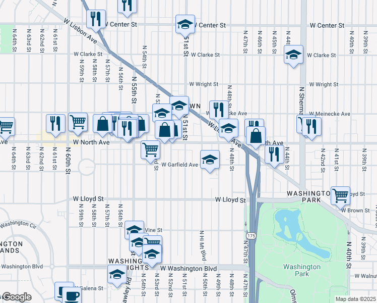 map of restaurants, bars, coffee shops, grocery stores, and more near 2236 North 51st Street in Milwaukee