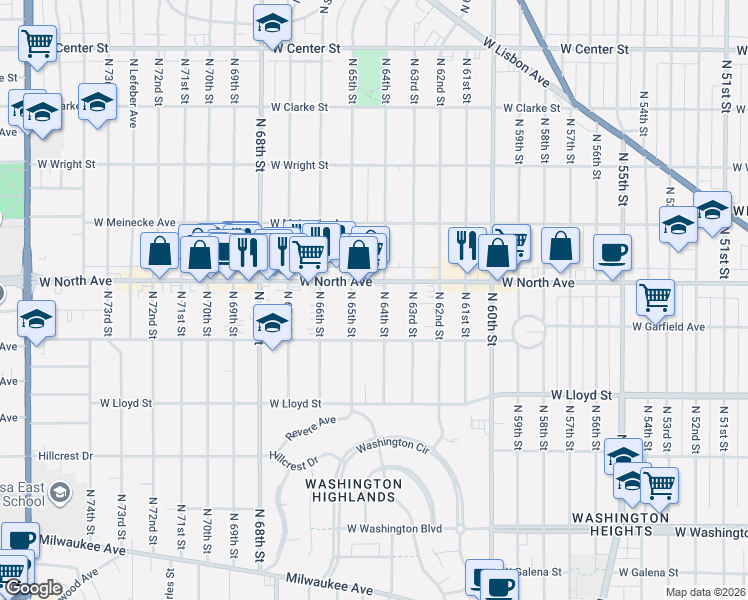 map of restaurants, bars, coffee shops, grocery stores, and more near in Wauwatosa