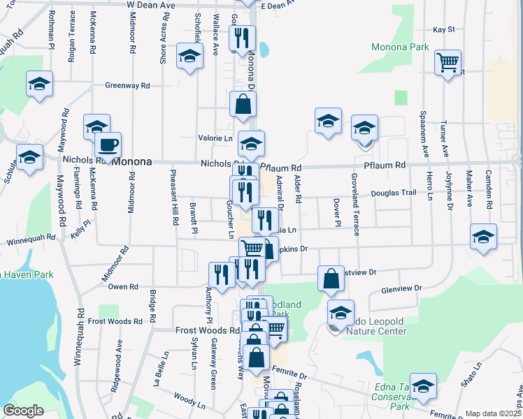 map of restaurants, bars, coffee shops, grocery stores, and more near 5424 Monona Drive in Monona