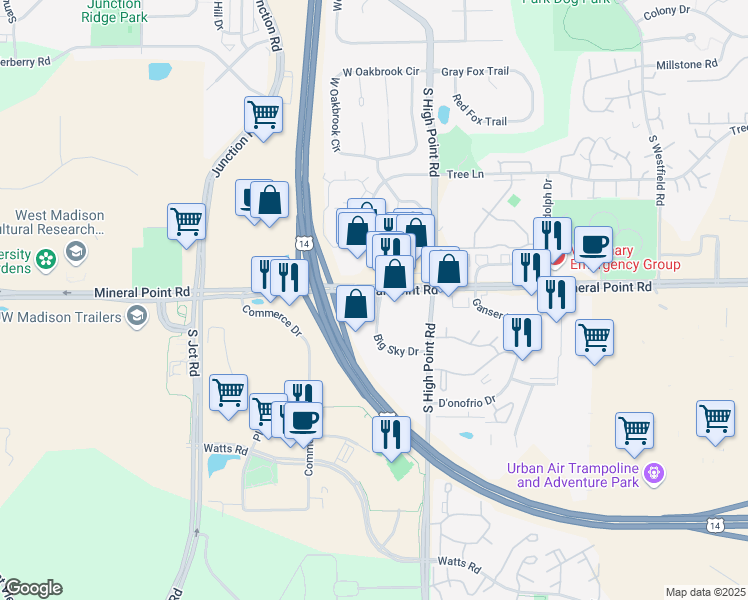 map of restaurants, bars, coffee shops, grocery stores, and more near 7889 Big Sky Drive in Madison