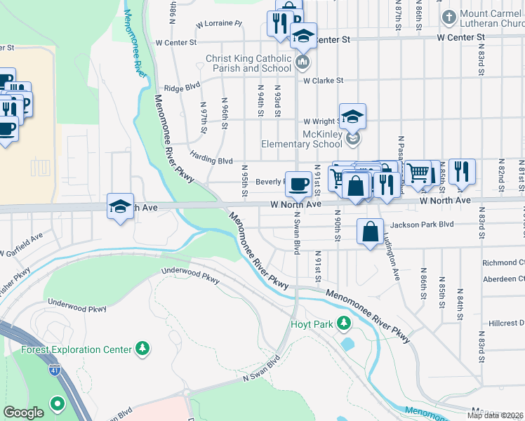 map of restaurants, bars, coffee shops, grocery stores, and more near 9311 West North Avenue in Wauwatosa