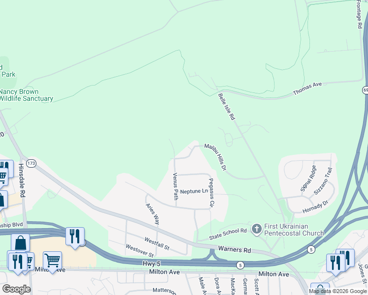 map of restaurants, bars, coffee shops, grocery stores, and more near 5989 Paradise Circle in Syracuse