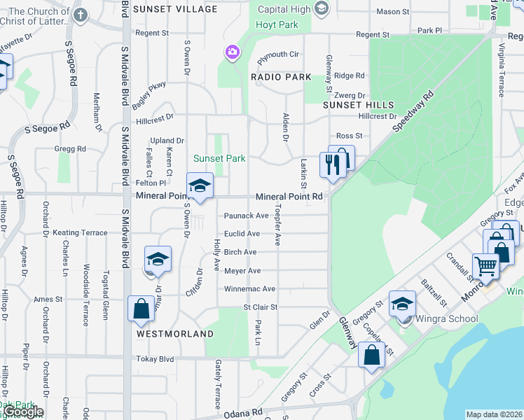 map of restaurants, bars, coffee shops, grocery stores, and more near 4025 Mineral Point Road in Madison