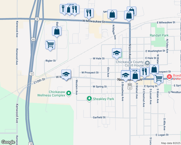 map of restaurants, bars, coffee shops, grocery stores, and more near 699 W Prospect St in New Hampton