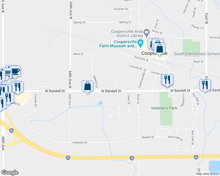 map of restaurants, bars, coffee shops, grocery stores, and more near 557 West Randall Street in Coopersville