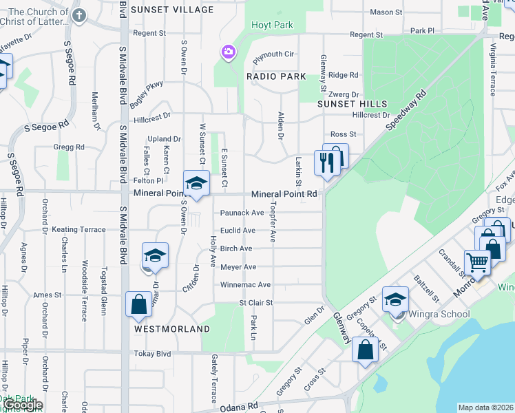 map of restaurants, bars, coffee shops, grocery stores, and more near 4025 Mineral Point Road in Madison