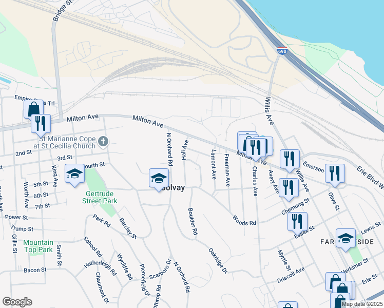 map of restaurants, bars, coffee shops, grocery stores, and more near 221 William Street in Solvay