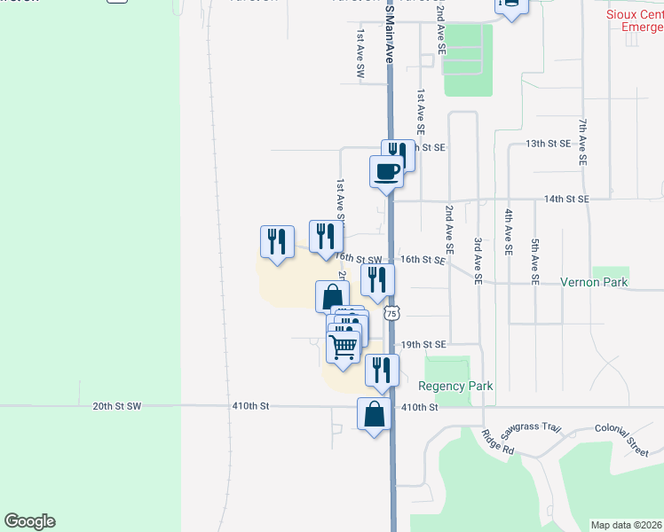 map of restaurants, bars, coffee shops, grocery stores, and more near 255 16th Street Southwest in Sioux Center