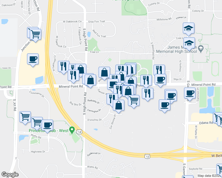 map of restaurants, bars, coffee shops, grocery stores, and more near 7601 Mineral Point Road in Madison