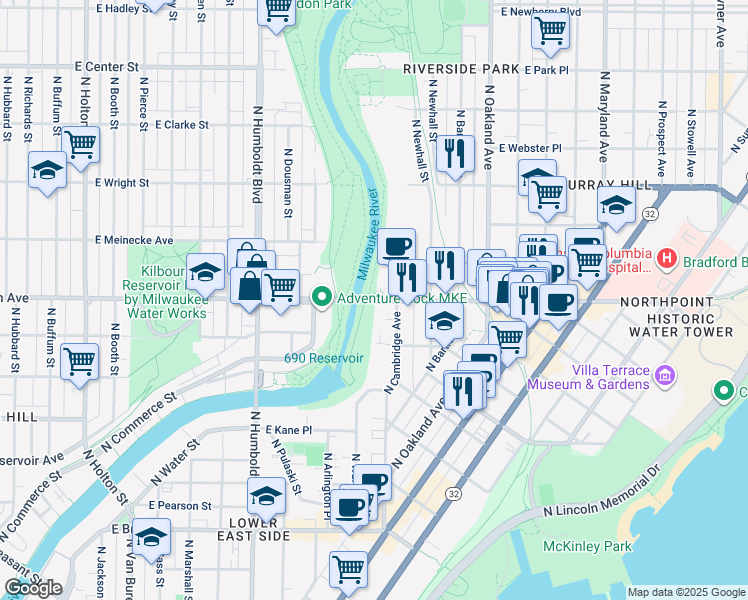 map of restaurants, bars, coffee shops, grocery stores, and more near 1910 East North Avenue in Milwaukee