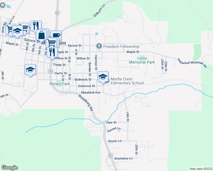 map of restaurants, bars, coffee shops, grocery stores, and more near 903 Myrtle Crest Lane in Myrtle Point