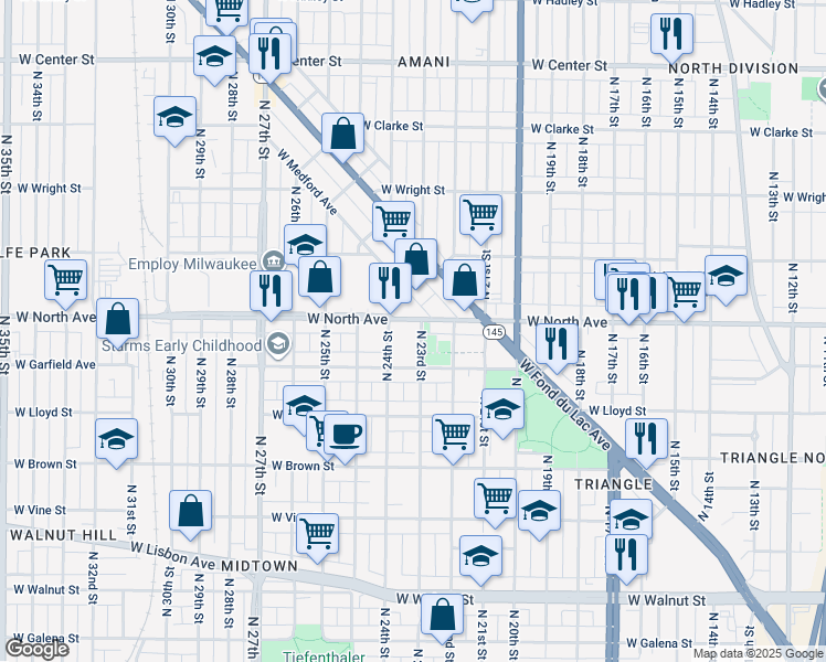 map of restaurants, bars, coffee shops, grocery stores, and more near 2325 West North Avenue in Milwaukee