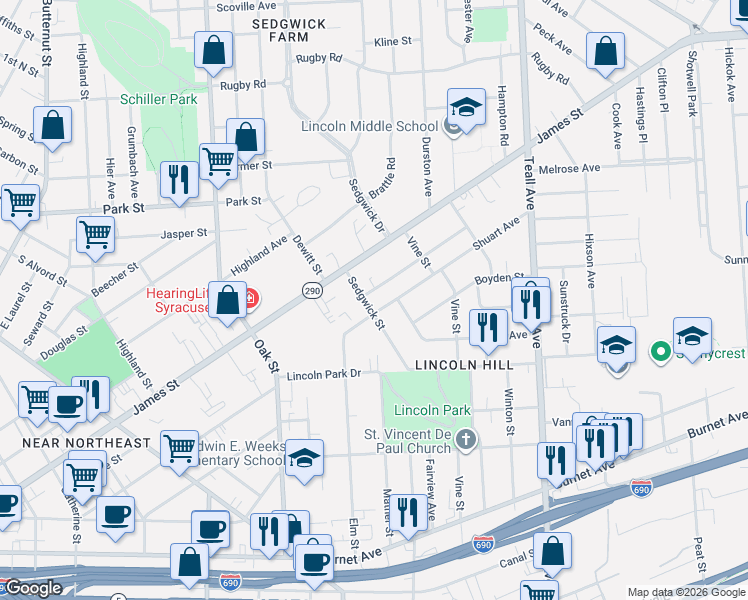 map of restaurants, bars, coffee shops, grocery stores, and more near 101 Dorothy Street in Syracuse