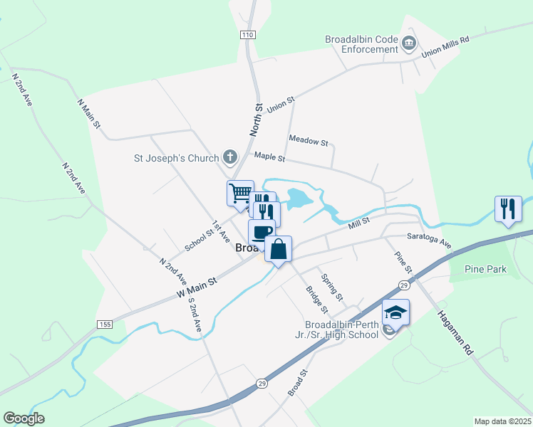 map of restaurants, bars, coffee shops, grocery stores, and more near 34 North Main Street in Broadalbin
