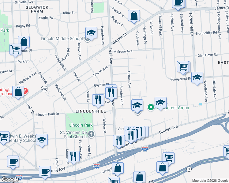 map of restaurants, bars, coffee shops, grocery stores, and more near 1014 Teall Avenue in Syracuse