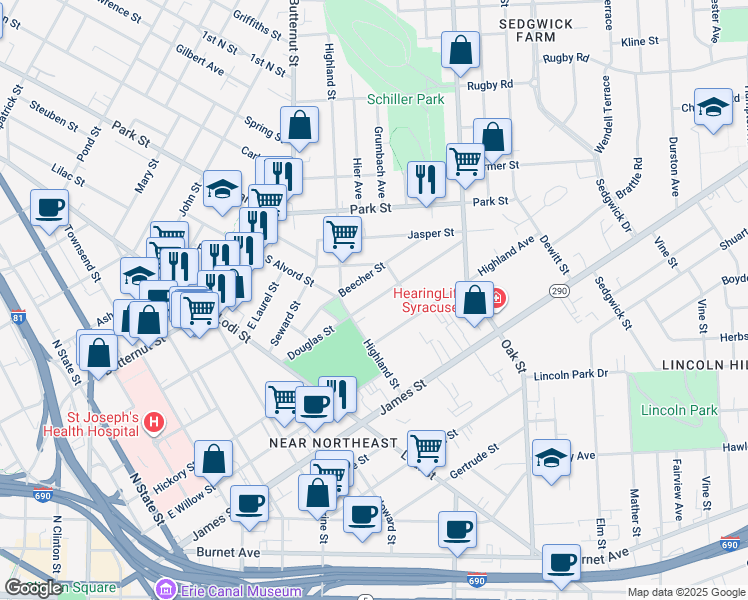 map of restaurants, bars, coffee shops, grocery stores, and more near 216 Beecher Street in Syracuse