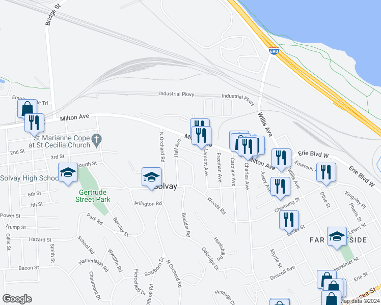 map of restaurants, bars, coffee shops, grocery stores, and more near 221 William Street in Solvay